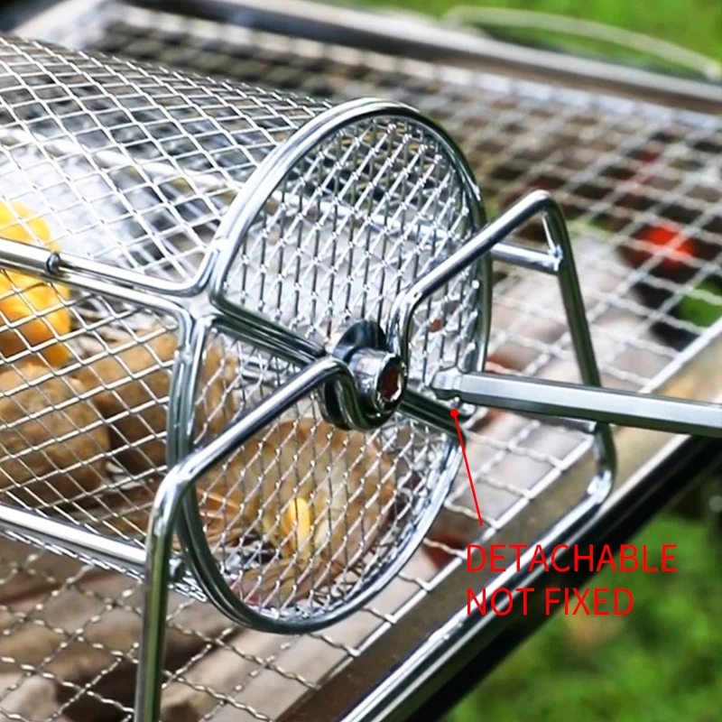 Metal mesh grill basket with detachable handle on a grill
