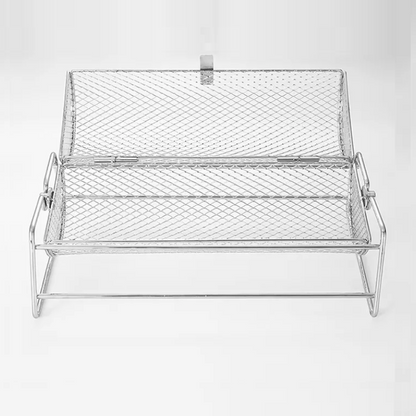Metal mesh grill basket on a white background