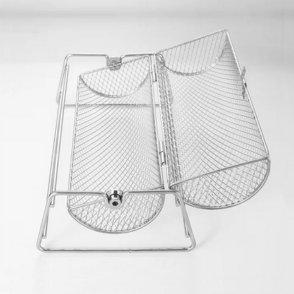 Metal mesh screen with a handle on a white background