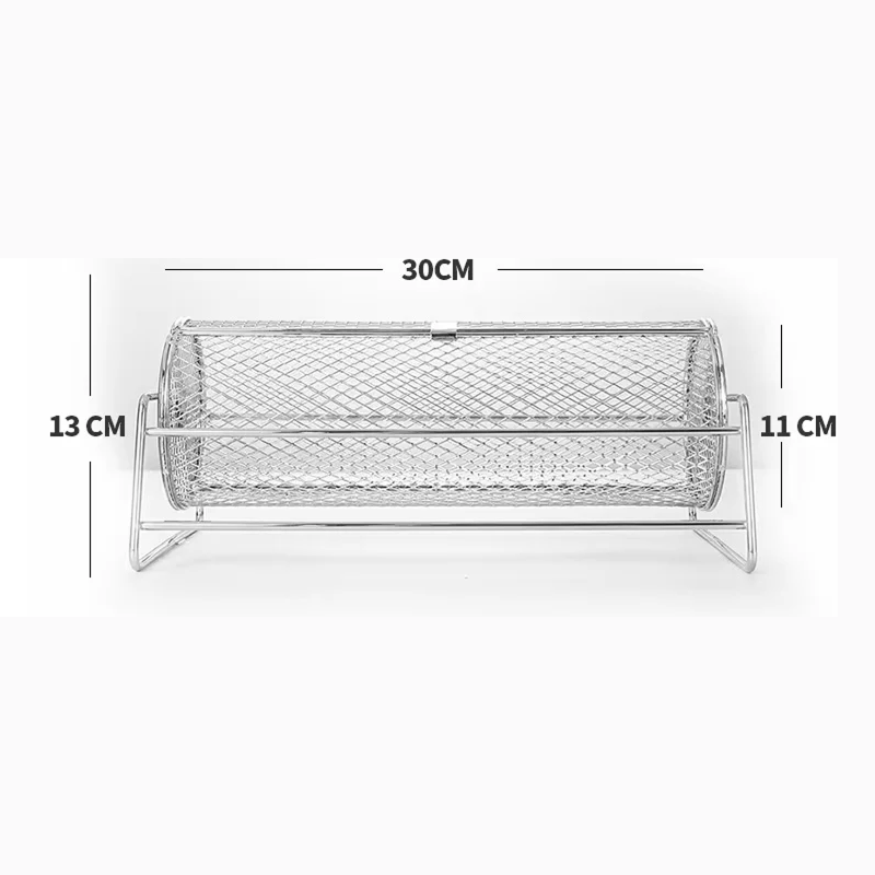 Metal wire basket with dimensions labeled on a white background