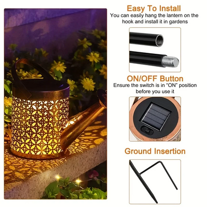Solar lantern with installation instructions on a garden setting
