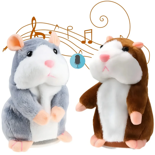 Two plush toy hamsters, one gray and one brown, with music notes in the background.