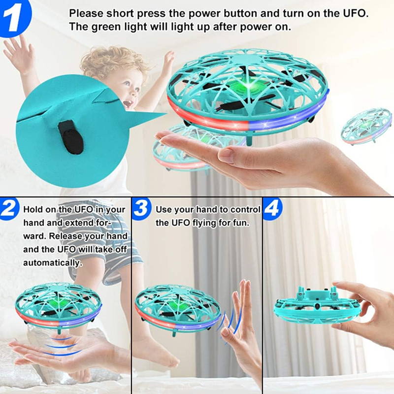 Instructions for operating a UFO toy with hand control and green light indicator.