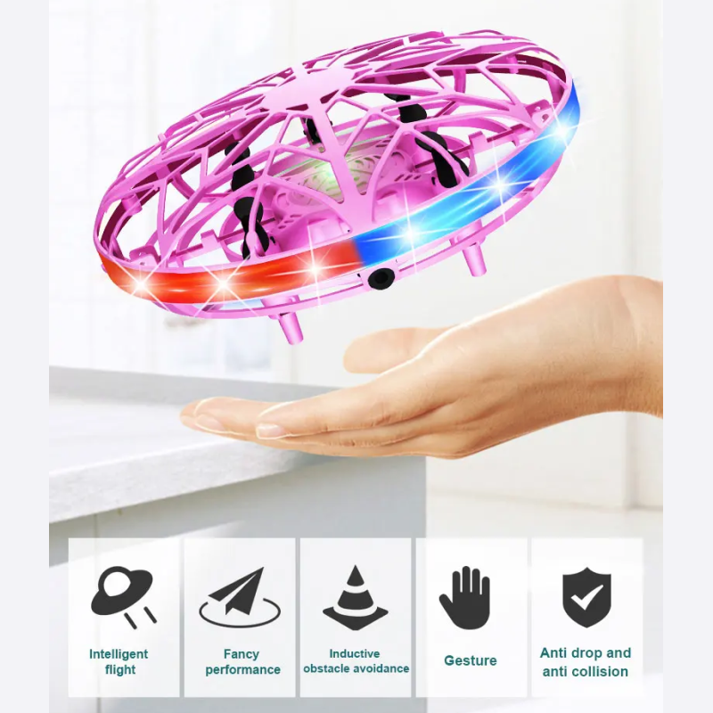 Pink handheld drone with LED lights held by a hand on a white background