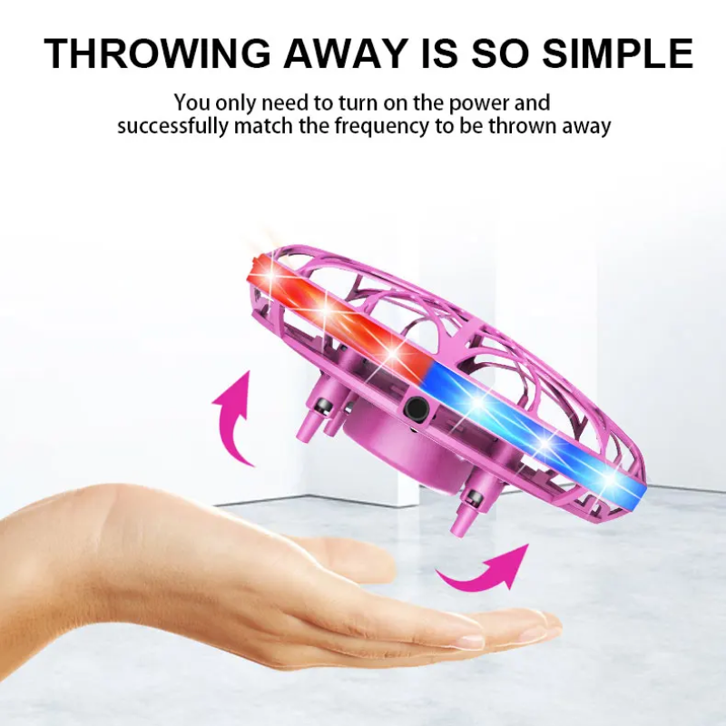 Purple flying disc with LED lights on a white background, showing how to throw it.
