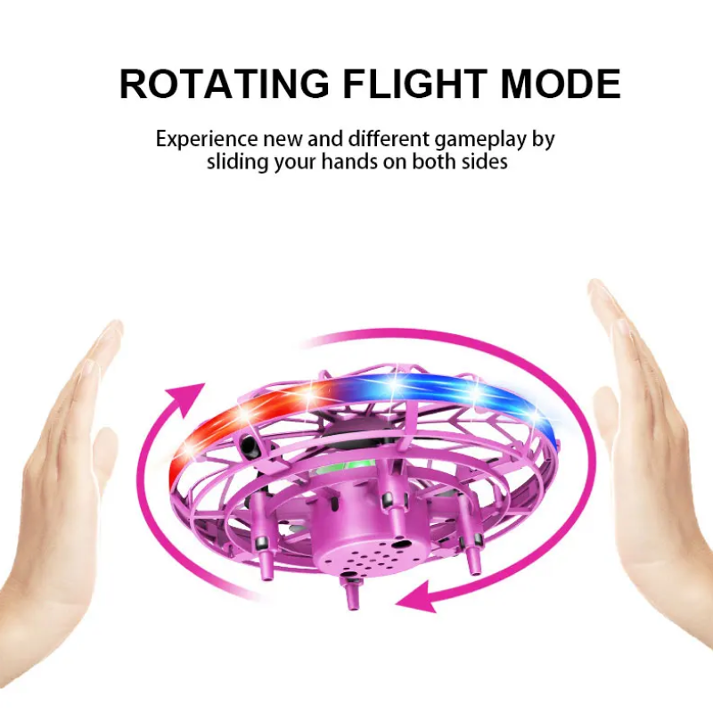 Purple handheld drone with colorful lights and text explaining rotating flight mode on a white background