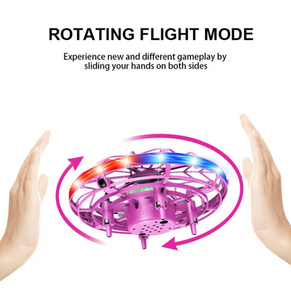 Purple handheld drone with colorful lights and text explaining rotating flight mode on a white background