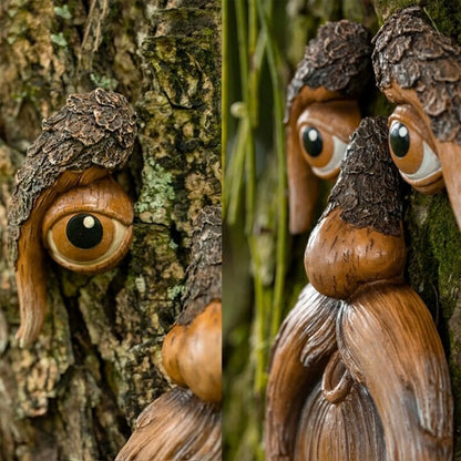 Wooden acorn character with eyes attached to a tree trunk