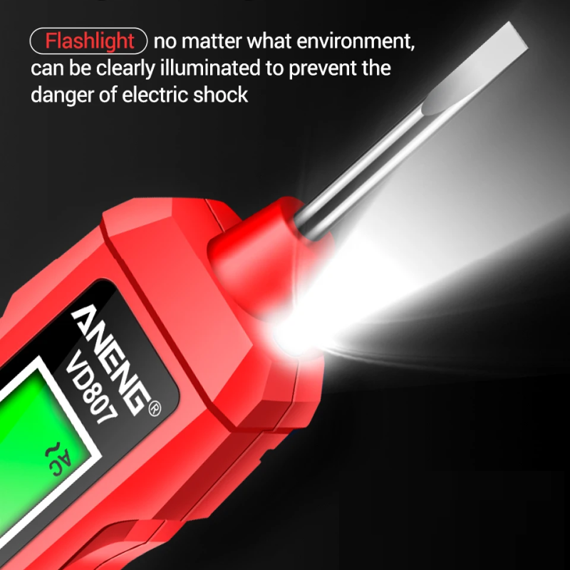 Red flashlight with digital display labeled 'ANENG VD807' on a black background