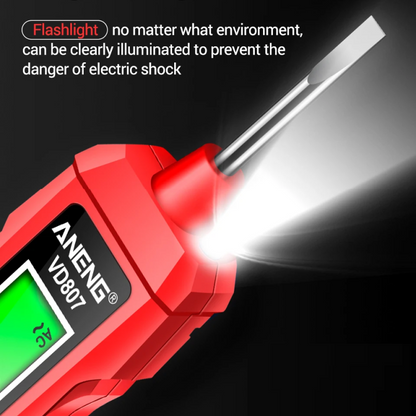 Red flashlight with digital display labeled 'ANENG VD807' on a black background