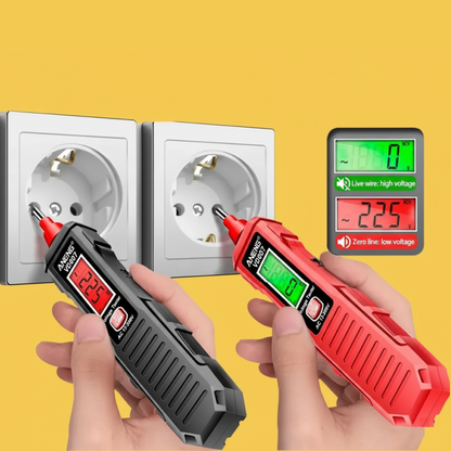 Two digital voltage testers being used to check electrical outlets on a yellow background.