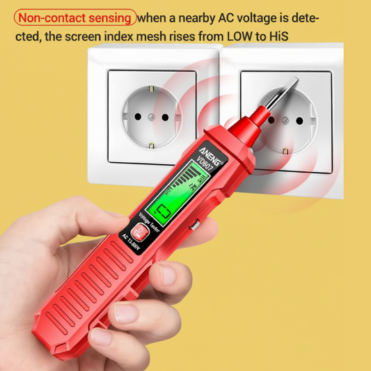 Red voltage tester held by a hand with text explaining non-contact sensing in front of an electrical outlet.