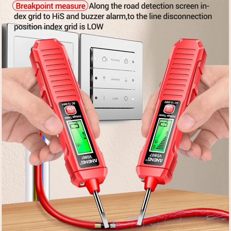 Two red electrical testers being used on a wall socket with text about breakpoint measurement.