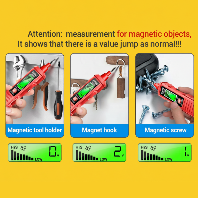 Three scenarios showing a digital multimeter measuring magnetic objects with a yellow background.