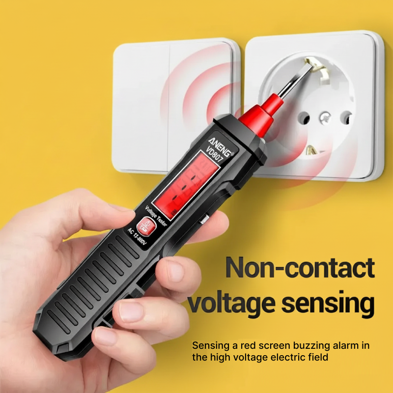 Hand holding a non-contact voltage sensing tool near an electrical outlet with a yellow background.