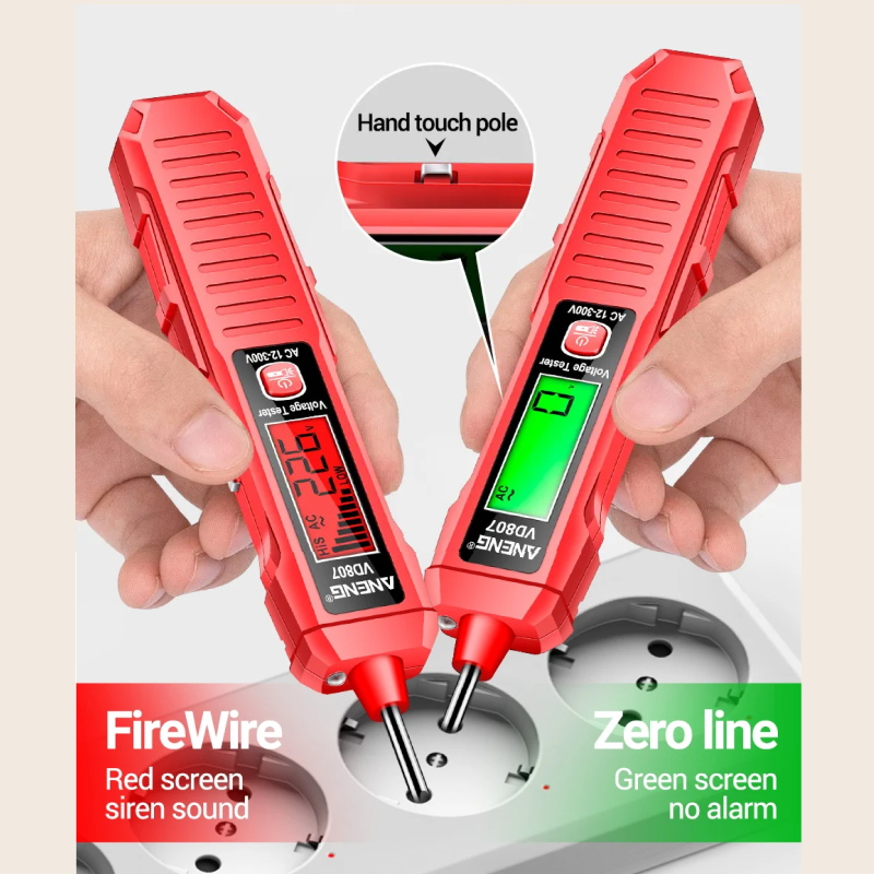 Two red electrical testers being used on a power outlet with text indicating features like 'FireWire' and 'Zero line'.