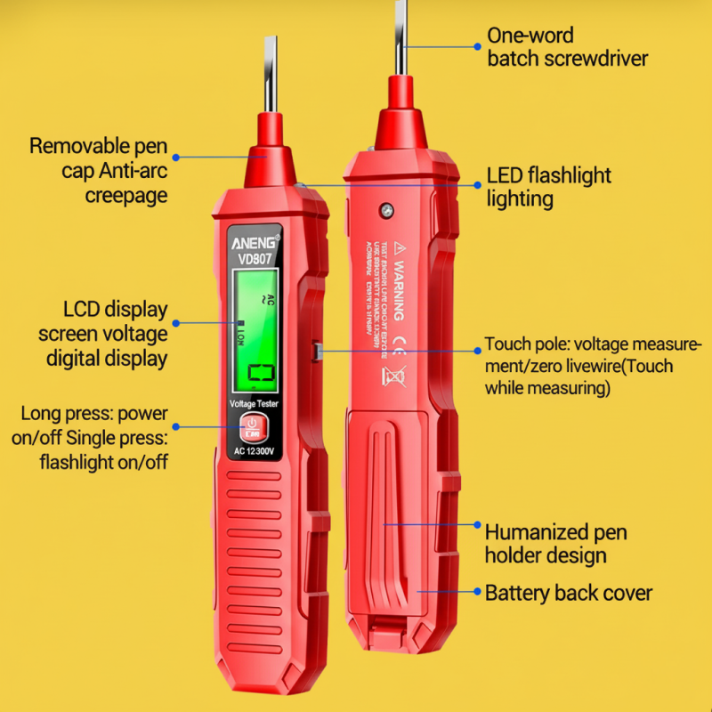 Red voltage tester with features labeled on a yellow background