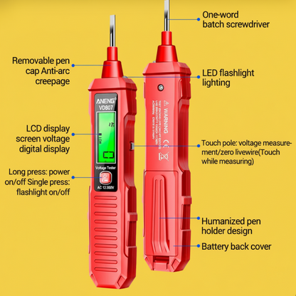 Red voltage tester with features labeled on a yellow background