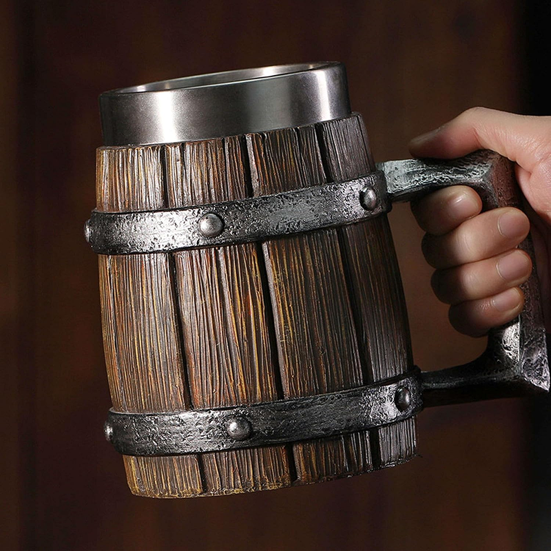 Wooden Barrel Beer Mug – Large-Capacity Coffee Cup with Stainless Steel Interior