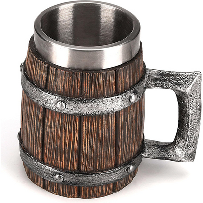 Wooden Barrel Beer Mug – Large-Capacity Coffee Cup with Stainless Steel Interior
