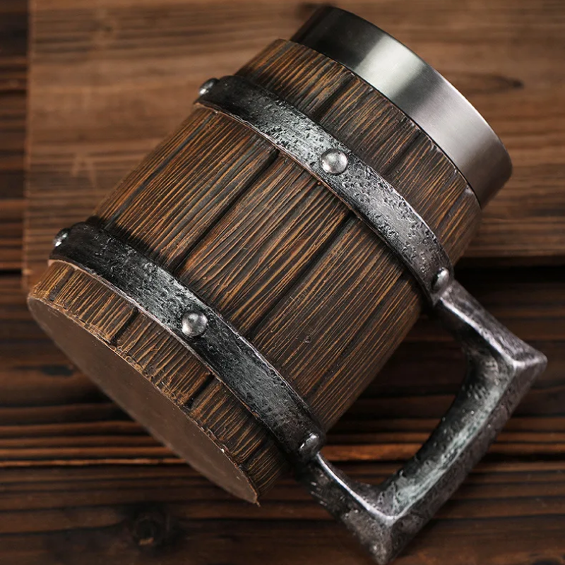 Wooden Barrel Beer Mug – Large-Capacity Coffee Cup with Stainless Steel Interior