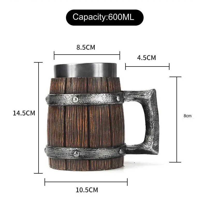 Wooden Barrel Beer Mug – Large-Capacity Coffee Cup with Stainless Steel Interior