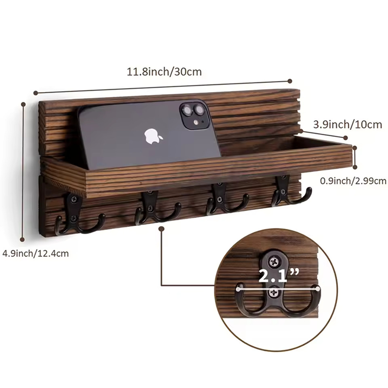 Wall Mounted Wooden Key Holder – Rustic Mail Organizer with 4 Hooks for Entryway Decor, Keys, Sunglasses & Accessories