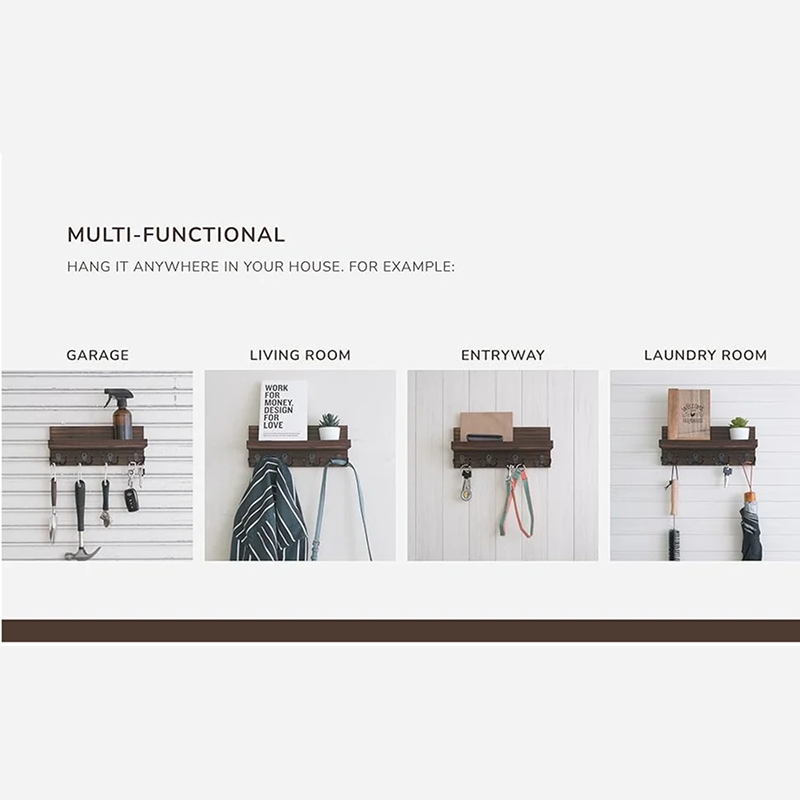 Wall Mounted Wooden Key Holder – Rustic Mail Organizer with 4 Hooks for Entryway Decor, Keys, Sunglasses & Accessories