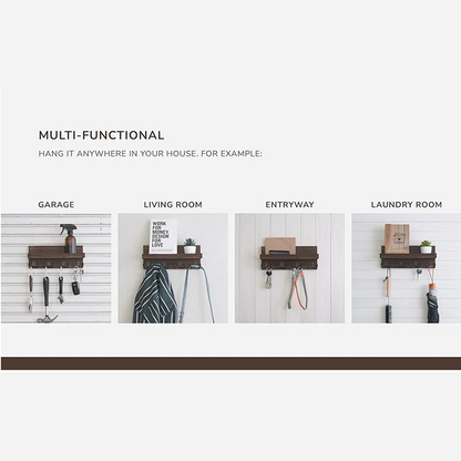 Wall Mounted Wooden Key Holder – Rustic Mail Organizer with 4 Hooks for Entryway Decor, Keys, Sunglasses & Accessories