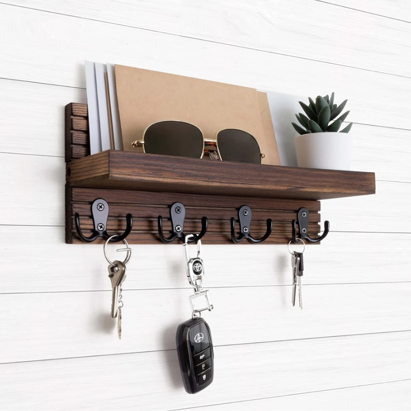 Wall Mounted Wooden Key Holder – Rustic Mail Organizer with 4 Hooks for Entryway Decor, Keys, Sunglasses & Accessories