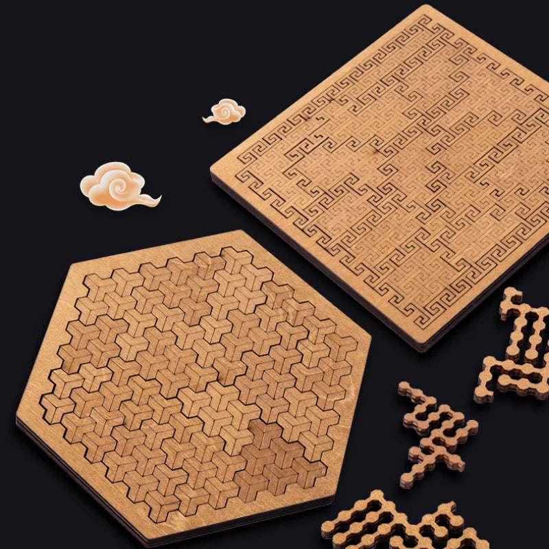 Hexagonal and square cork coasters with geometric patterns on a black background
