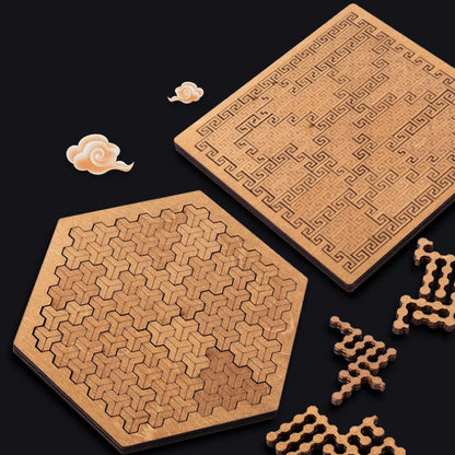Hexagonal and square cork coasters with geometric patterns on a black background