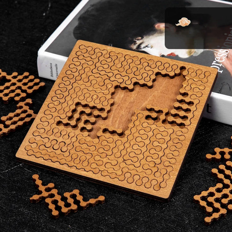 Wooden puzzle with a cat design on a black surface