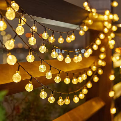 String of round lights hanging indoors with a blurred background