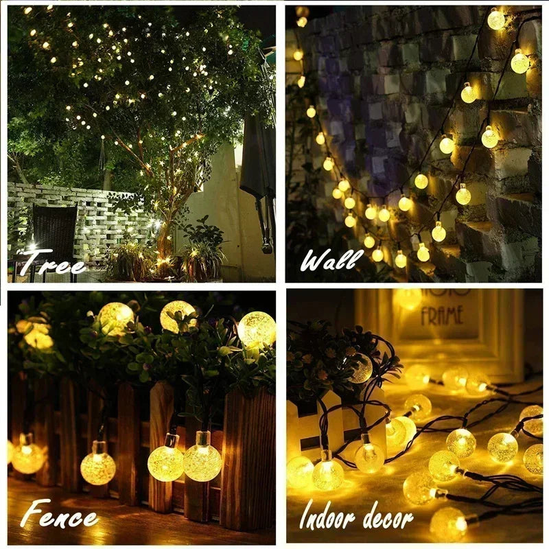 Collage of string lights in various settings including tree, wall, fence, and indoor decor.